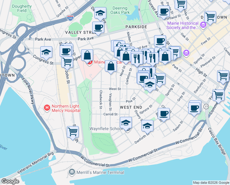 map of restaurants, bars, coffee shops, grocery stores, and more near 90 Neal Street in Portland