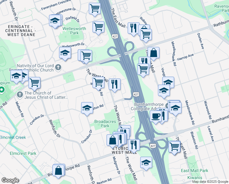 map of restaurants, bars, coffee shops, grocery stores, and more near 511 The West Mall in Toronto