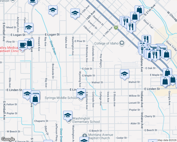 map of restaurants, bars, coffee shops, grocery stores, and more near 2203 South Montana Avenue in Caldwell