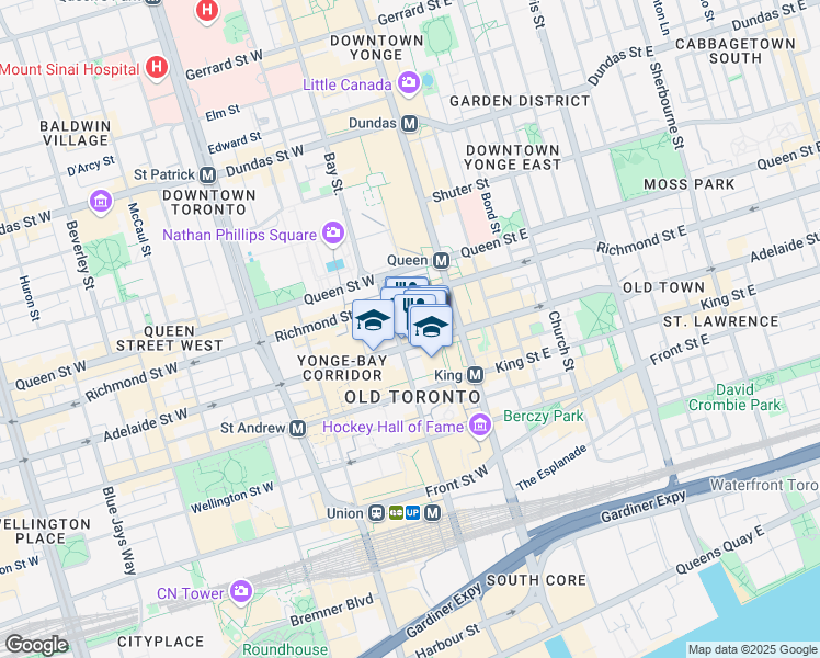 map of restaurants, bars, coffee shops, grocery stores, and more near 21 Adelaide Street West in Toronto