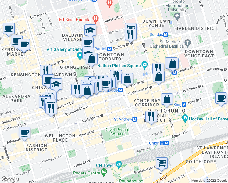 map of restaurants, bars, coffee shops, grocery stores, and more near 204 Richmond Street West in Toronto