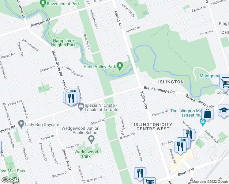 map of restaurants, bars, coffee shops, grocery stores, and more near 249 Burnhamthorpe Road in Toronto