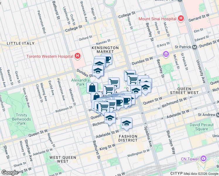 map of restaurants, bars, coffee shops, grocery stores, and more near 82 A Augusta Avenue in Toronto