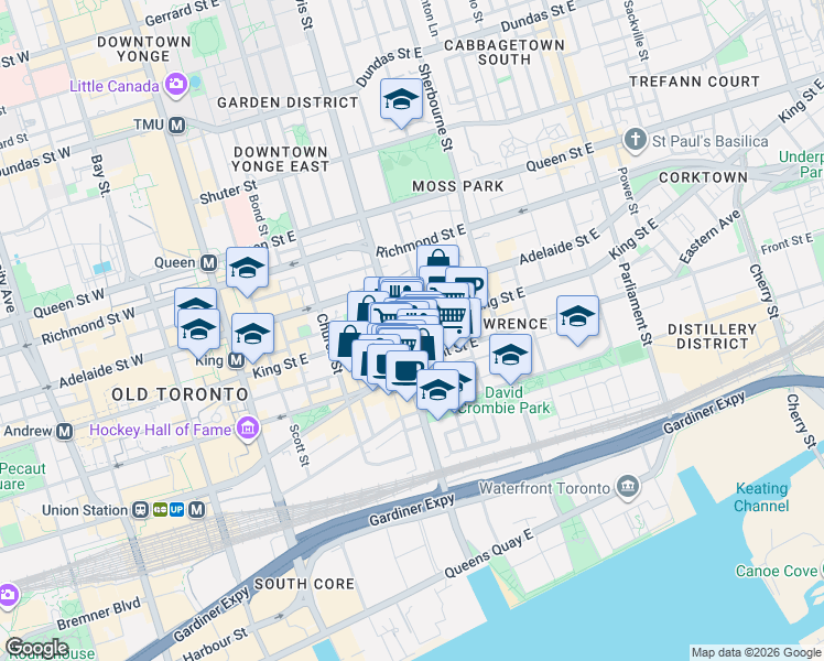 map of restaurants, bars, coffee shops, grocery stores, and more near 171 King Street East in Toronto