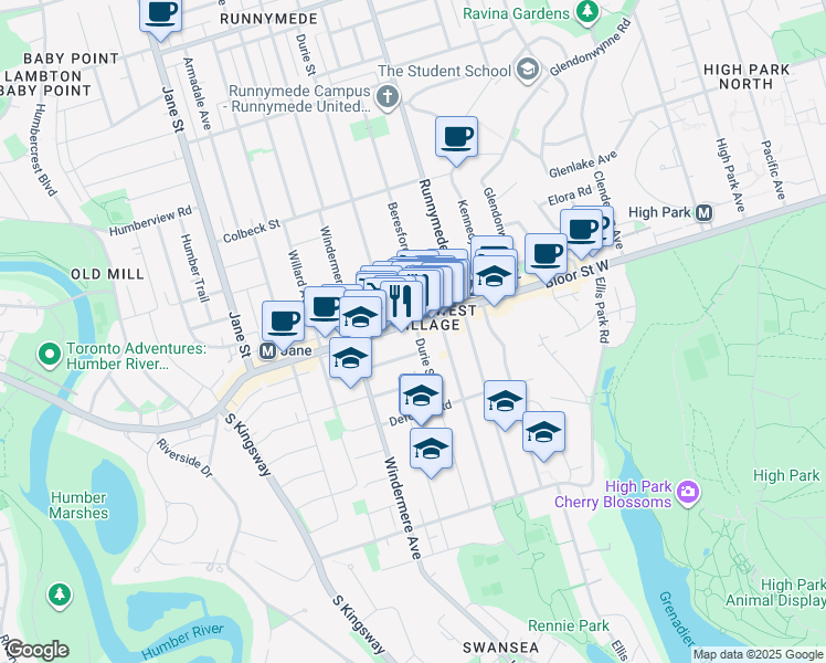 map of restaurants, bars, coffee shops, grocery stores, and more near 240 Durie Street in Toronto