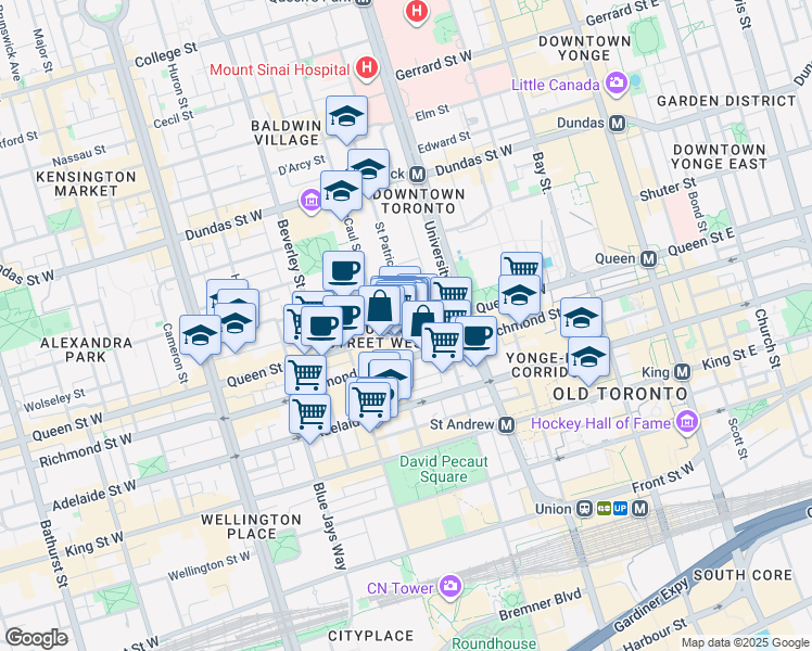 map of restaurants, bars, coffee shops, grocery stores, and more near 199 Richmond Street West in Toronto