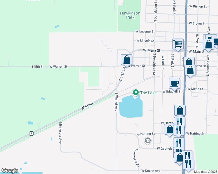 map of restaurants, bars, coffee shops, grocery stores, and more near 300 Oak Drive in Luverne