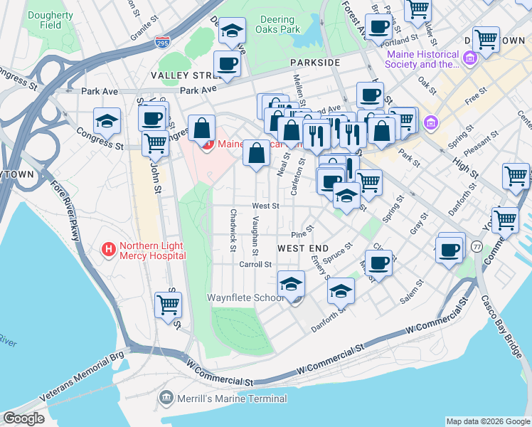 map of restaurants, bars, coffee shops, grocery stores, and more near 90 Neal Street in Portland