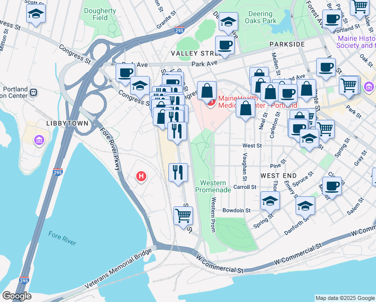 map of restaurants, bars, coffee shops, grocery stores, and more near 190 Valley Street in Portland