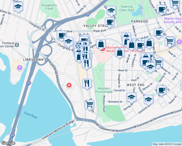 map of restaurants, bars, coffee shops, grocery stores, and more near 190 Valley Street in Portland