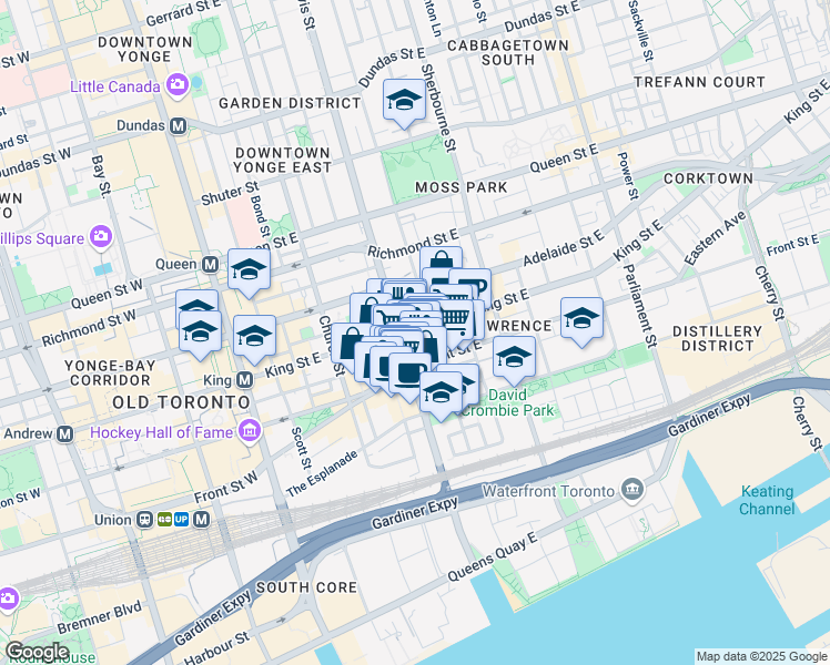 map of restaurants, bars, coffee shops, grocery stores, and more near 85 Jarvis Street in Toronto