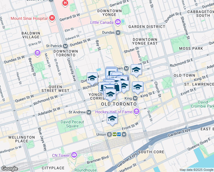 map of restaurants, bars, coffee shops, grocery stores, and more near 357 Bay Street in Toronto