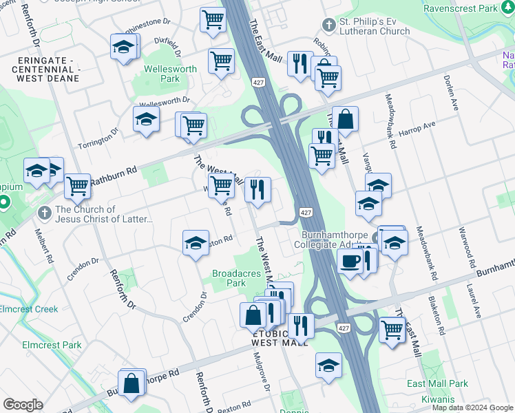 map of restaurants, bars, coffee shops, grocery stores, and more near in Toronto