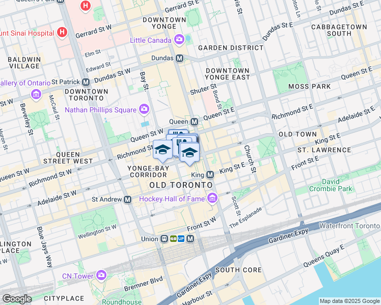 map of restaurants, bars, coffee shops, grocery stores, and more near 22 Adelaide Street West in Toronto