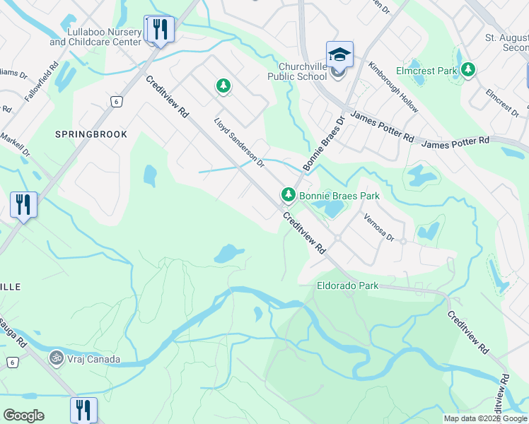 map of restaurants, bars, coffee shops, grocery stores, and more near 8698 Creditview Road in Brampton