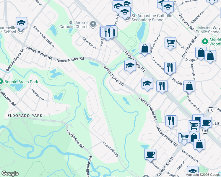 map of restaurants, bars, coffee shops, grocery stores, and more near 26 Fahey Drive in Brampton