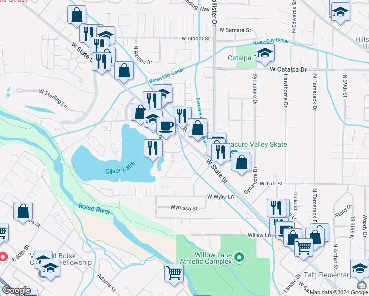 map of restaurants, bars, coffee shops, grocery stores, and more near 3324 North Lakeharbor Lane in Boise