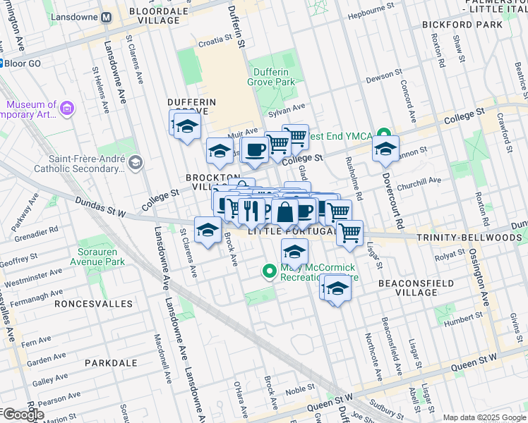 map of restaurants, bars, coffee shops, grocery stores, and more near 23 Fisher Street in Toronto