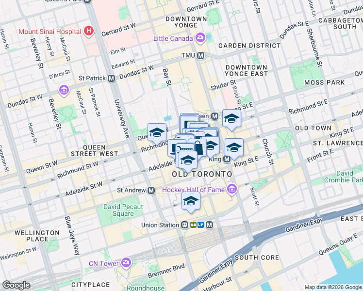 map of restaurants, bars, coffee shops, grocery stores, and more near 70 Temperance Street in Toronto