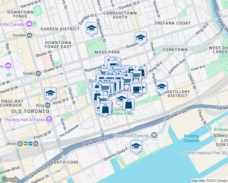 map of restaurants, bars, coffee shops, grocery stores, and more near 158 Front Street East in Toronto