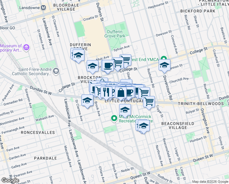 map of restaurants, bars, coffee shops, grocery stores, and more near 13 Fisher Street in Toronto