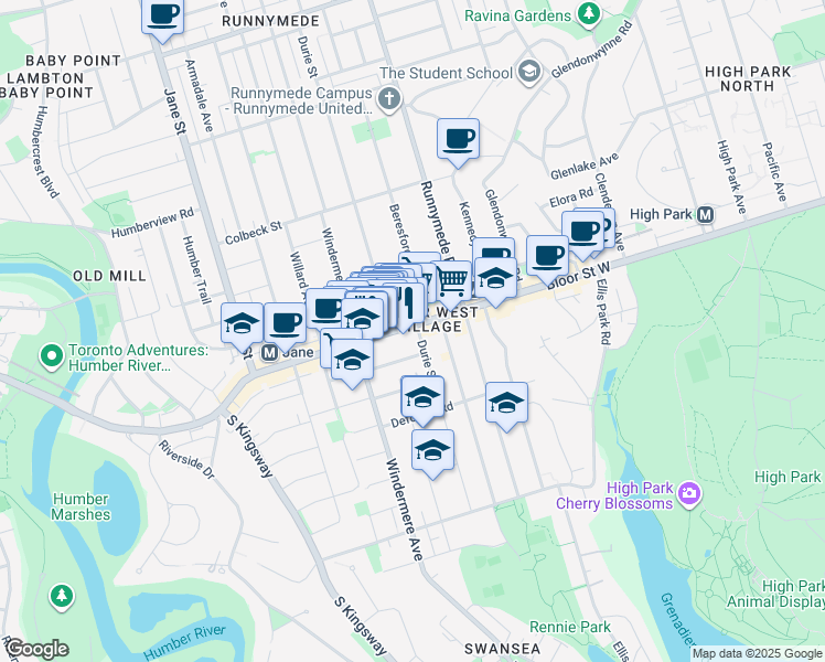 map of restaurants, bars, coffee shops, grocery stores, and more near 2265 Bloor Street West in Toronto