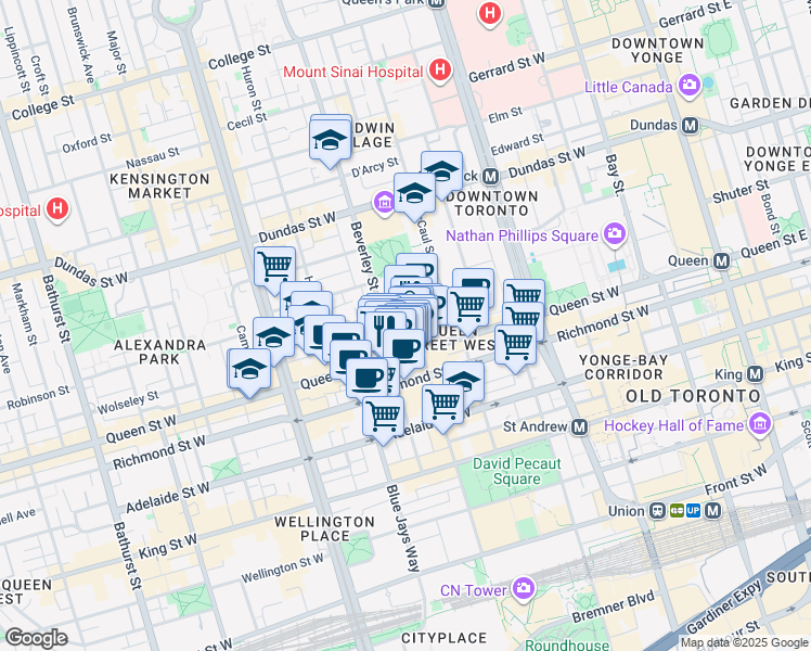map of restaurants, bars, coffee shops, grocery stores, and more near 327-333 Queen Street West in Toronto