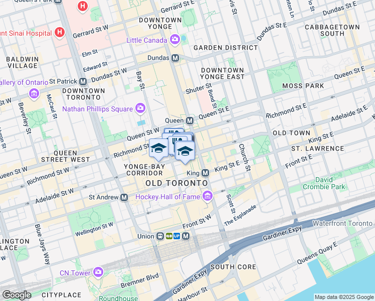 map of restaurants, bars, coffee shops, grocery stores, and more near 22 Adelaide Street West in Toronto
