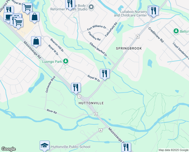 map of restaurants, bars, coffee shops, grocery stores, and more near 104 Royal West Drive in Brampton