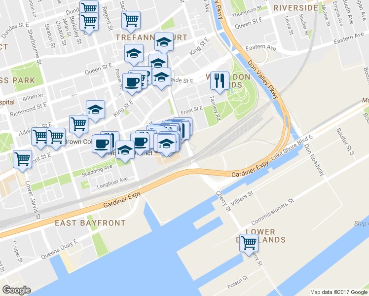 map of restaurants, bars, coffee shops, grocery stores, and more near 390 Cherry Street in Toronto