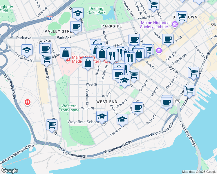 map of restaurants, bars, coffee shops, grocery stores, and more near 11 Carleton Street in Portland