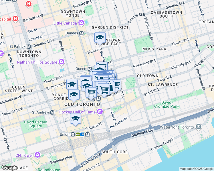 map of restaurants, bars, coffee shops, grocery stores, and more near 36 Toronto Street in Toronto