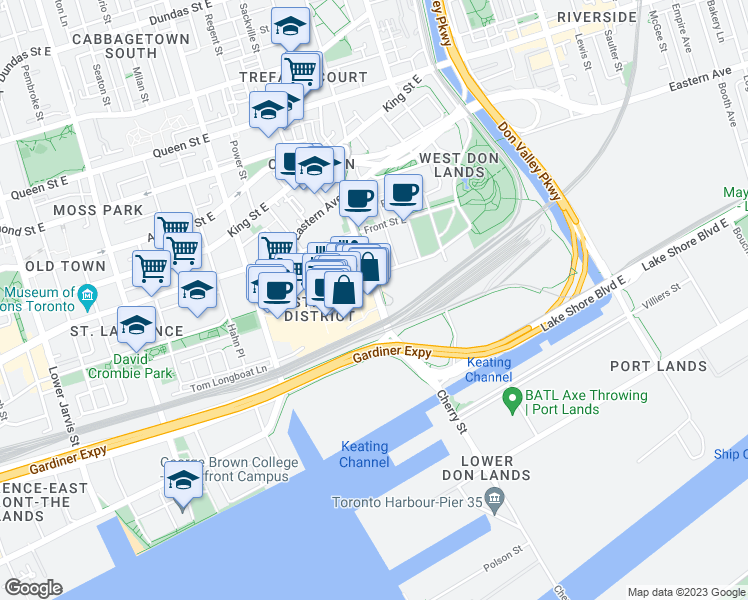 map of restaurants, bars, coffee shops, grocery stores, and more near 45 Tank House Lane in Toronto