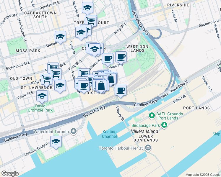 map of restaurants, bars, coffee shops, grocery stores, and more near 390 Cherry Street in Toronto