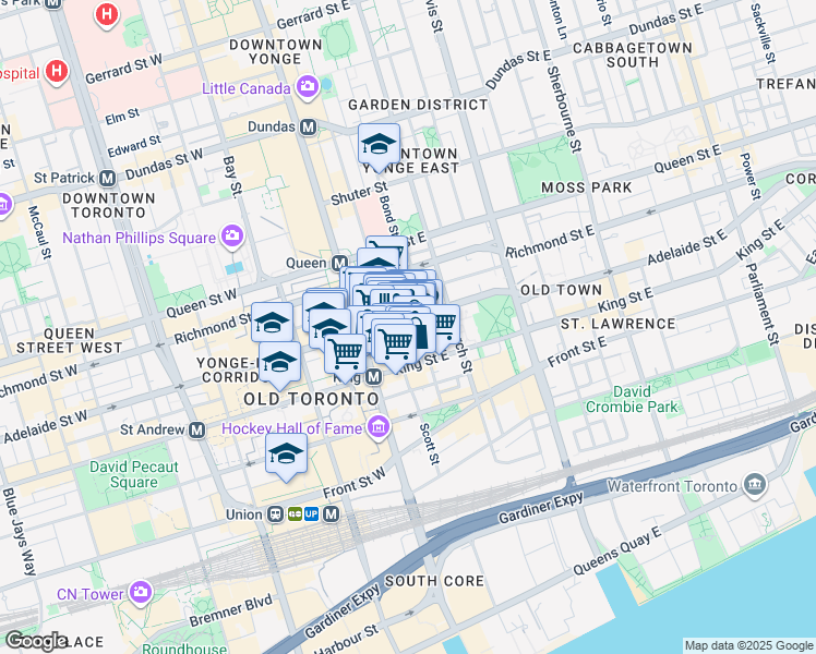 map of restaurants, bars, coffee shops, grocery stores, and more near 36 Toronto Street in Toronto
