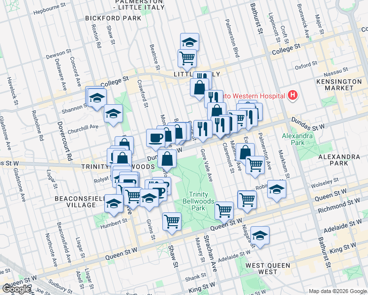 map of restaurants, bars, coffee shops, grocery stores, and more near 32 Beatrice Street in Toronto