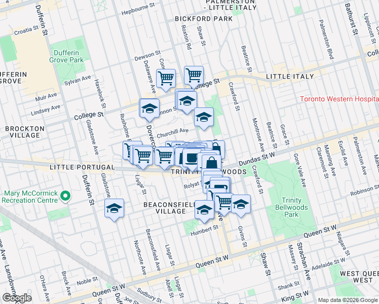 map of restaurants, bars, coffee shops, grocery stores, and more near 125 Harrison Street in Toronto
