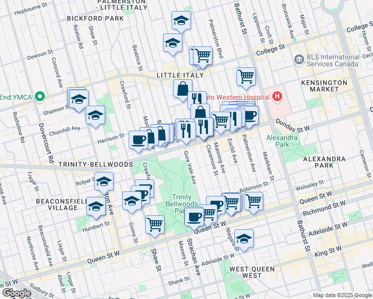 map of restaurants, bars, coffee shops, grocery stores, and more near 167 Gore Vale Avenue in Toronto