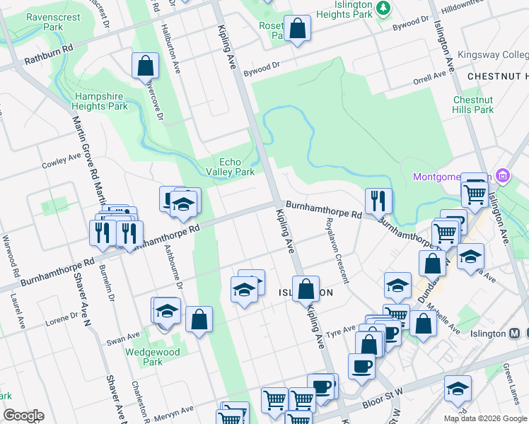 map of restaurants, bars, coffee shops, grocery stores, and more near 220 Burnhamthorpe Road in Toronto