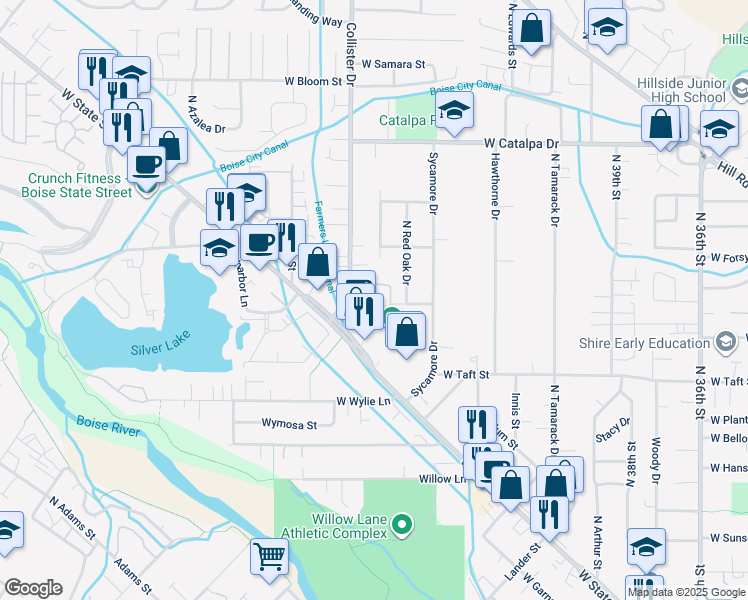 map of restaurants, bars, coffee shops, grocery stores, and more near 4716 West State Street in Boise
