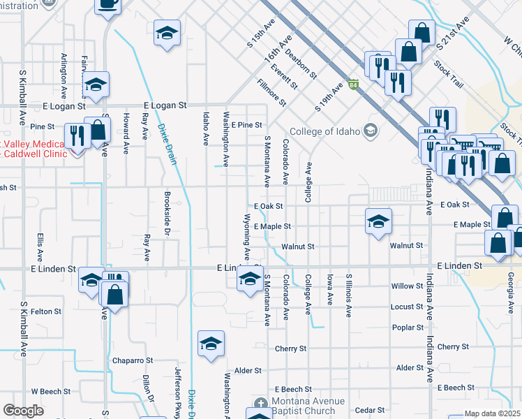 map of restaurants, bars, coffee shops, grocery stores, and more near 2220 South Montana Avenue in Caldwell