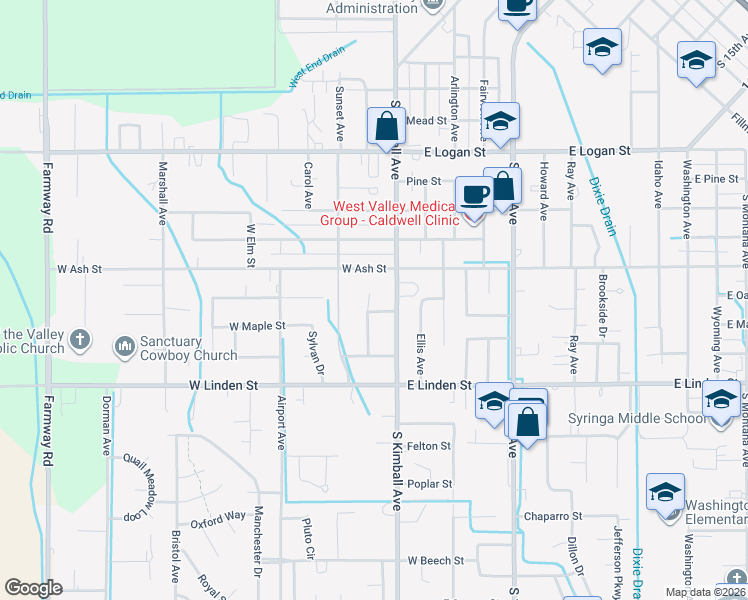 map of restaurants, bars, coffee shops, grocery stores, and more near 103 West Oak Street in Caldwell
