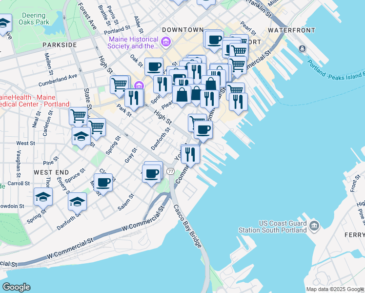 map of restaurants, bars, coffee shops, grocery stores, and more near 431 Commercial Street in Portland