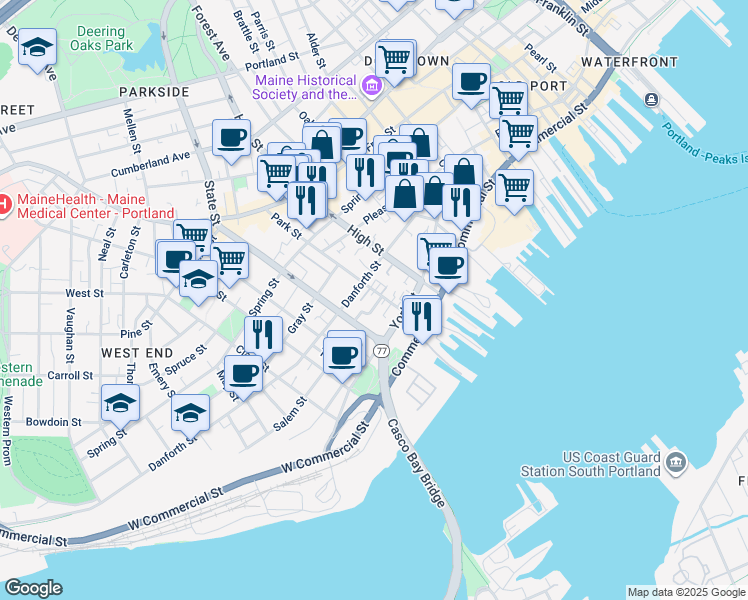 map of restaurants, bars, coffee shops, grocery stores, and more near 14 Stetson Court in Portland
