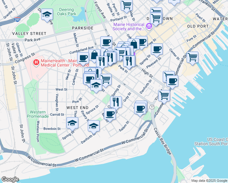 map of restaurants, bars, coffee shops, grocery stores, and more near 113 Brackett Street in Portland