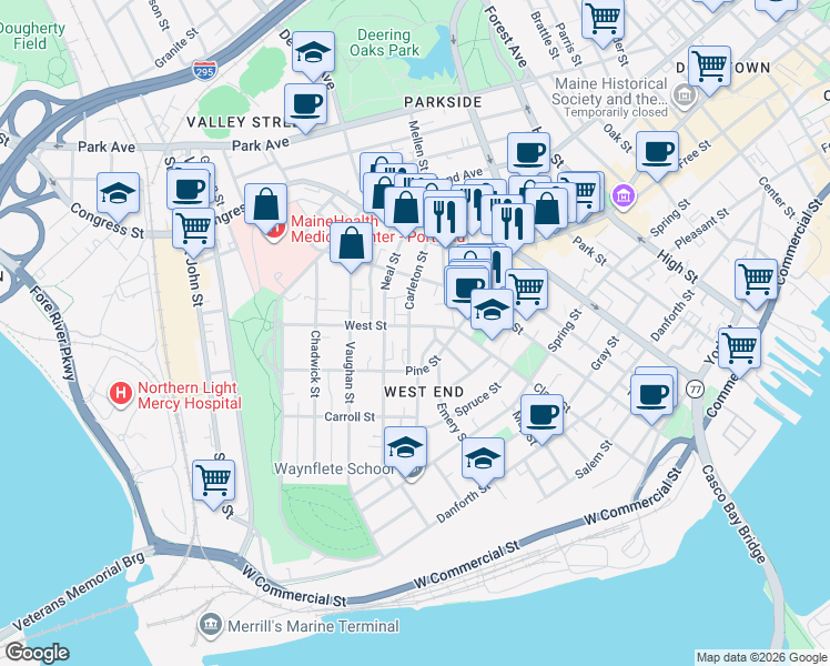 map of restaurants, bars, coffee shops, grocery stores, and more near 11 Carleton Street in Portland