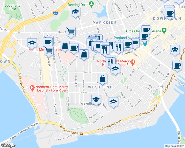 map of restaurants, bars, coffee shops, grocery stores, and more near 90 Neal Street in Portland