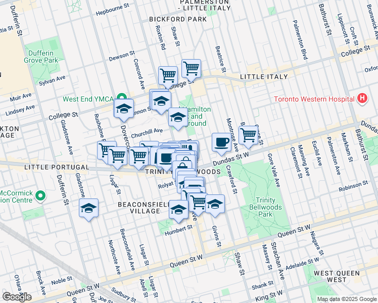 map of restaurants, bars, coffee shops, grocery stores, and more near in Toronto