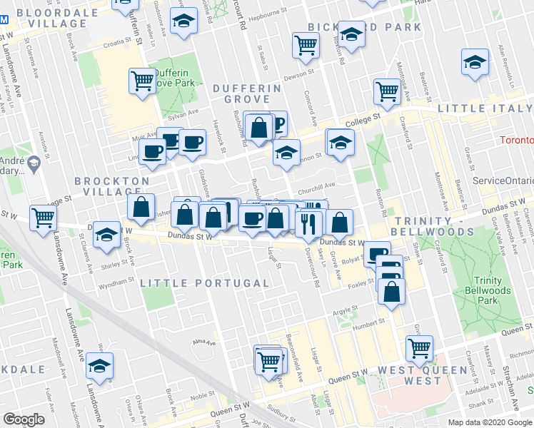 map of restaurants, bars, coffee shops, grocery stores, and more near 1305 A Dundas Street West in Toronto
