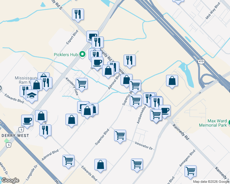 map of restaurants, bars, coffee shops, grocery stores, and more near 410 Admiral Boulevard in Mississauga